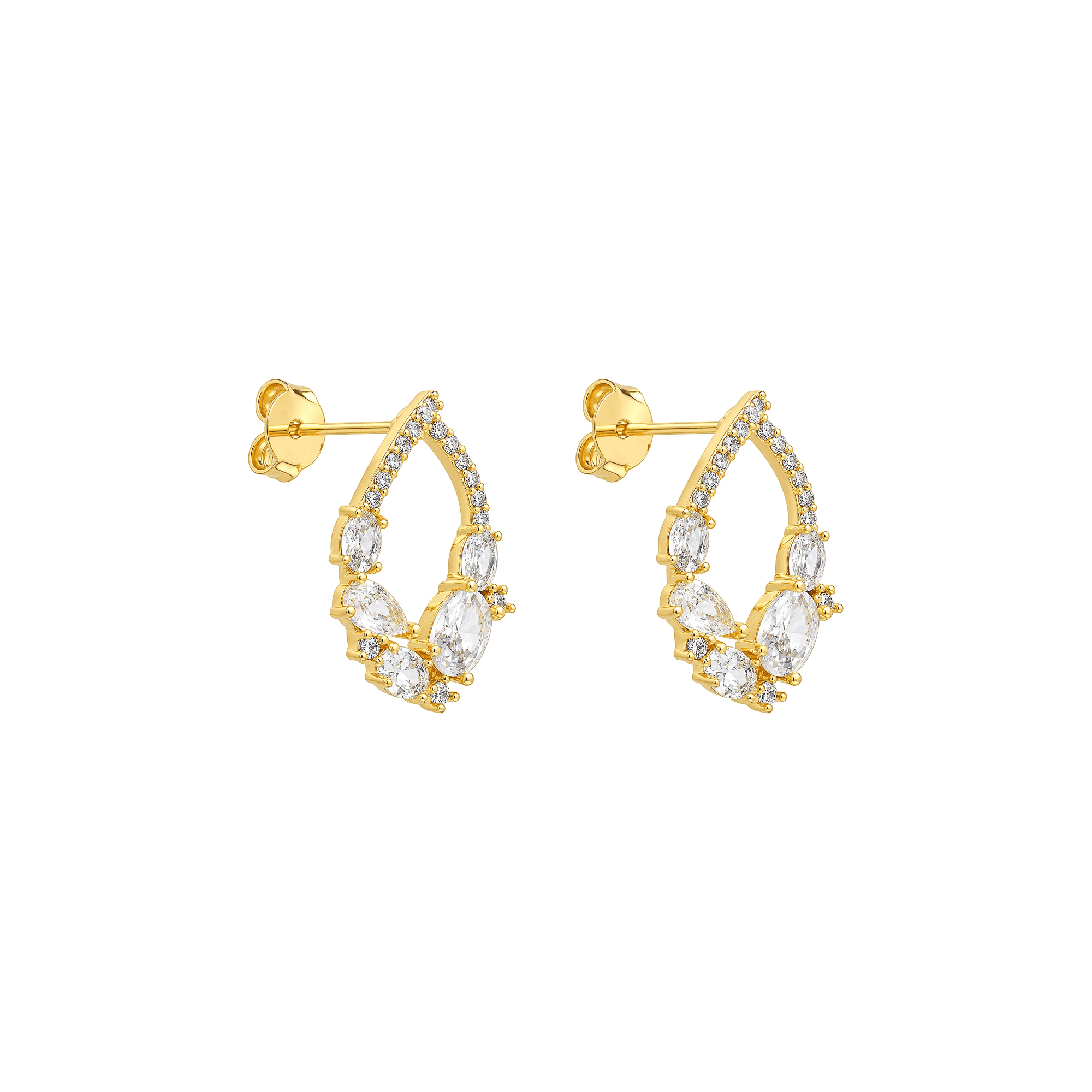 Brinco Dourado Gotas Cravejado de Zircônia Transparente - Banho de Ouro 24k para revenda | Hub Joias