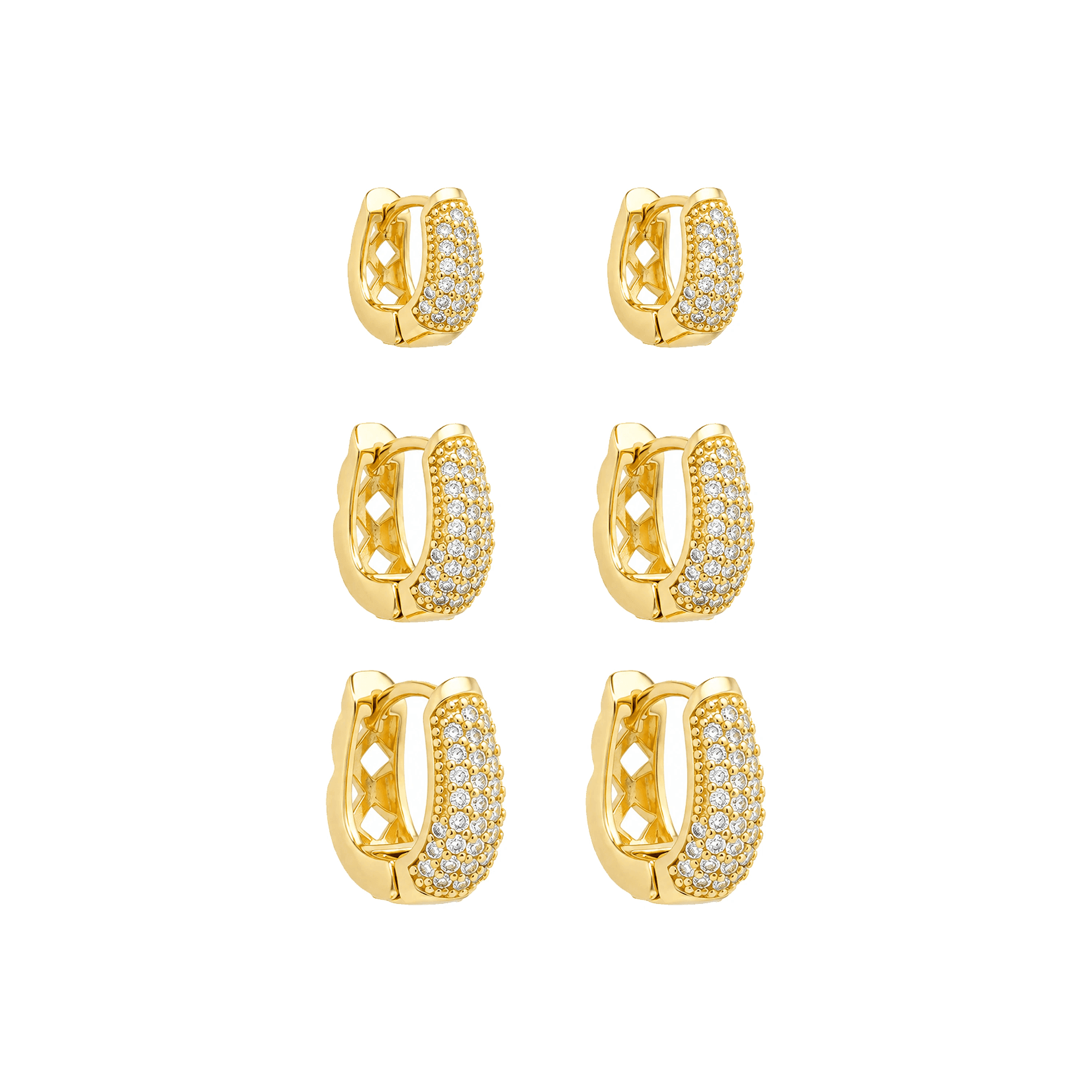 Trio Dourado Argolas Ferradura Cravejada de Zircônia - Banho de Ouro 24k para revenda | Hub Joias