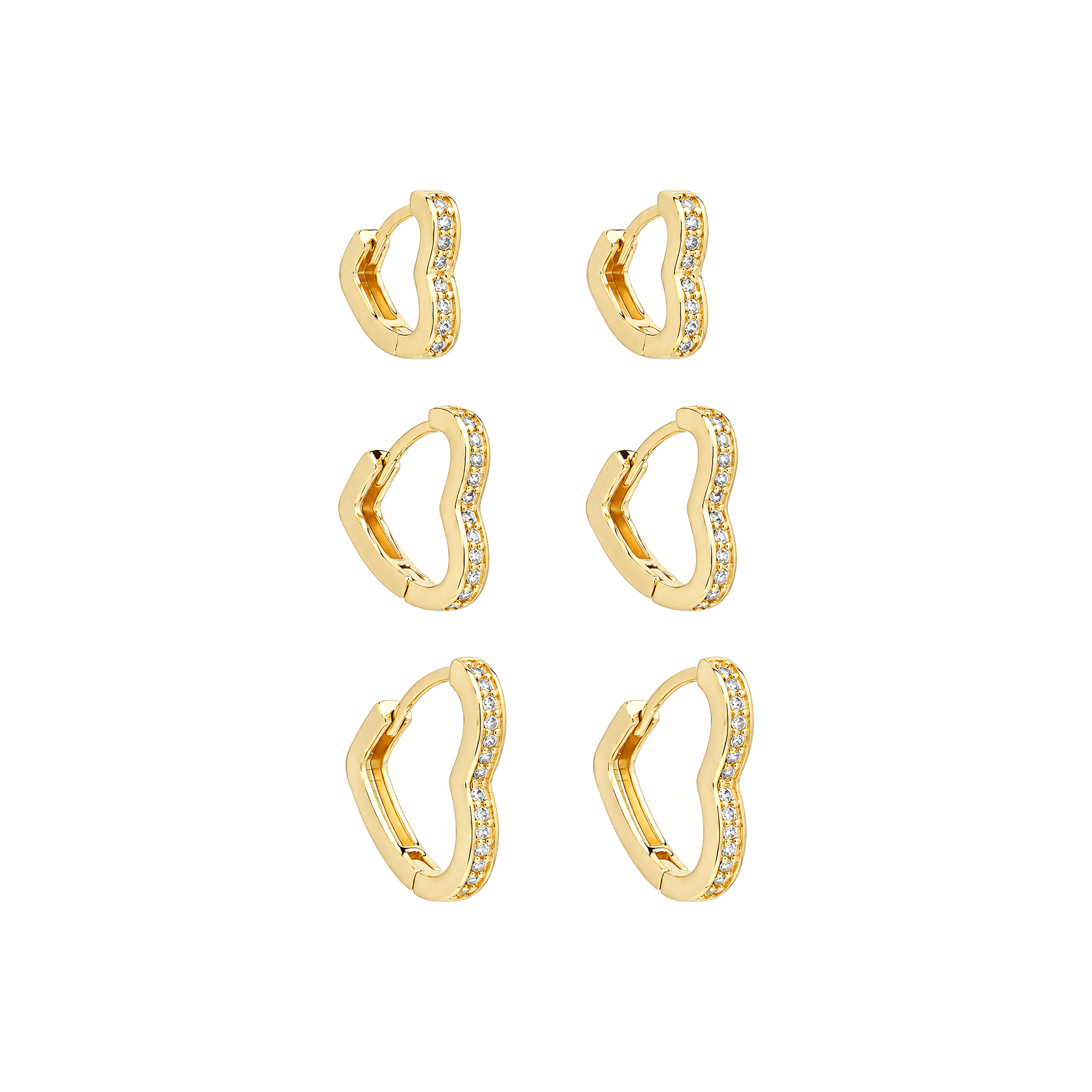 Trio Dourado Argolas de Coração Cravejadas de Zircônia - Banho de Ouro 24k para revenda | Hub Joias