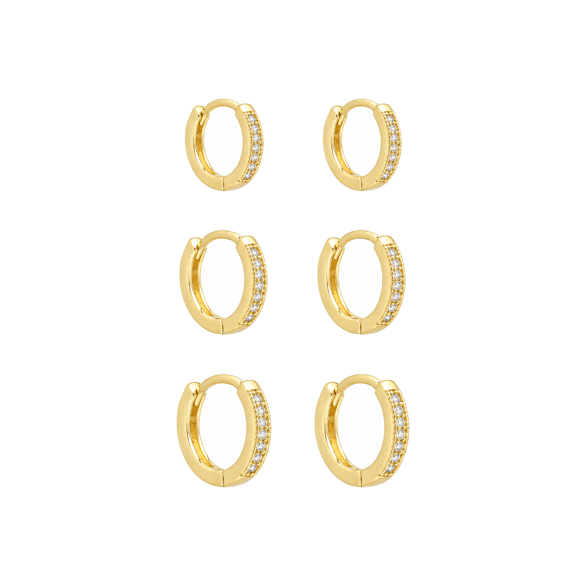 Trio Dourado Argolas Cravejadas de Zircônia - Banho de Ouro 24k para revenda | Hub Joias