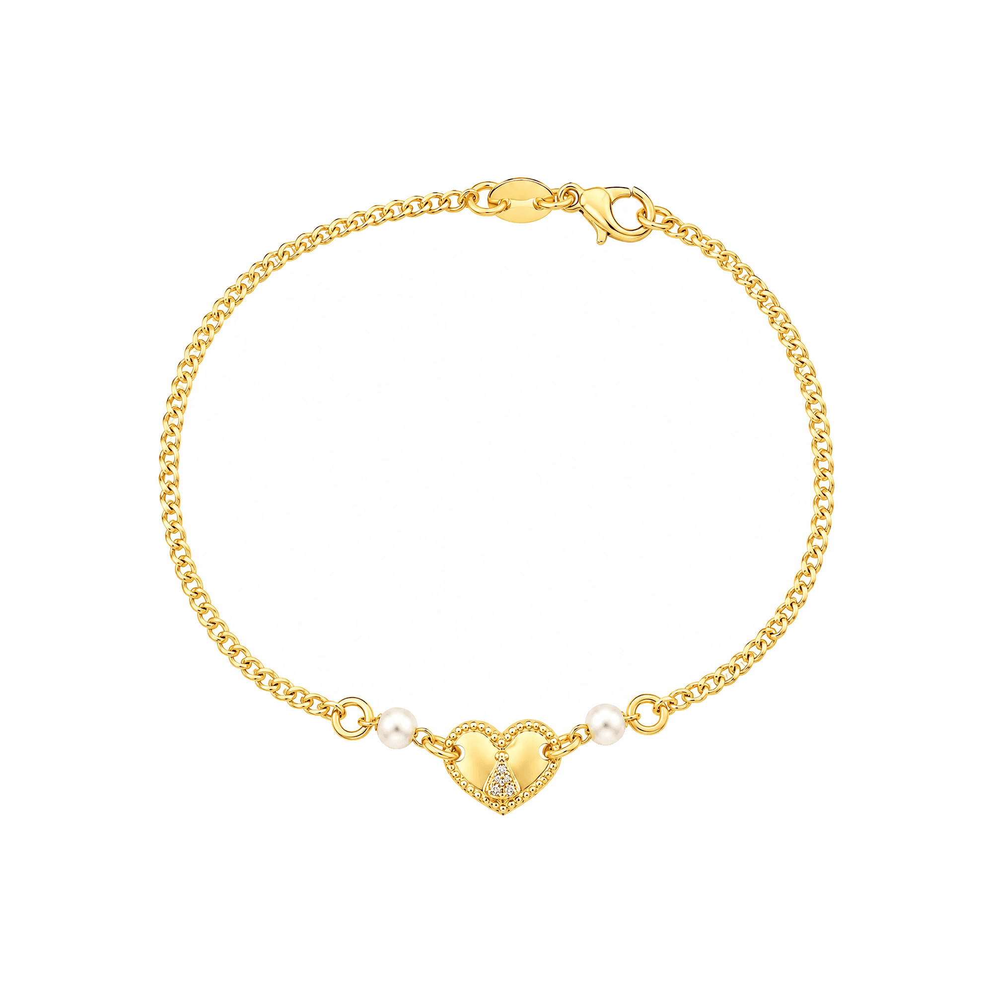 Pulseira Dourada Nossa Senhora em Coração com Pérolas - Banho de Ouro 24k para revenda | Hub Joias