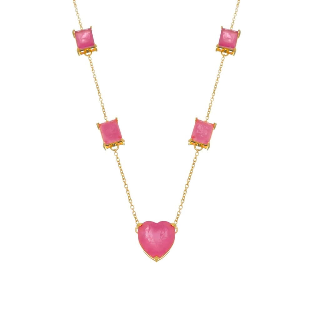 Colar Dourado de Pedras Coração e Retângulos Rosas - Banho de Ouro 24k para revenda | Hub Joias