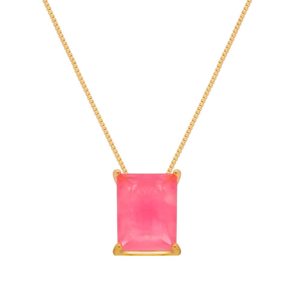 Colar Dourado de Pedra Retangular Rosa - Banho de Ouro 24k para revenda | Hub Joias