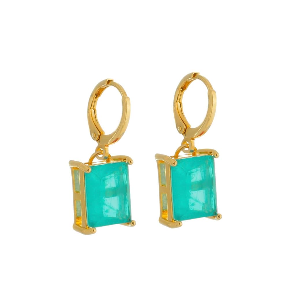 Brinco Dourado Argolinha Pedra Retangular Verde - Banho de Ouro 24k para revenda | Hub Joias