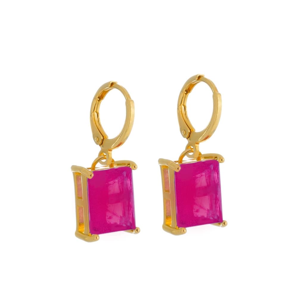 Brinco Dourado Argolinha Pedra Retangular Rosa - Banho de Ouro 24k para revenda | Hub Joias