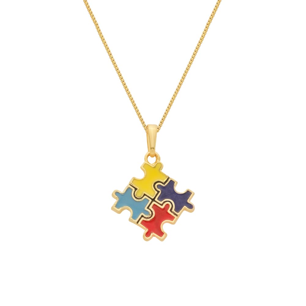 Colar Dourado Autismo Formato Quebra-Cabeça - Banho de Ouro 24k para revenda | Hub Joias