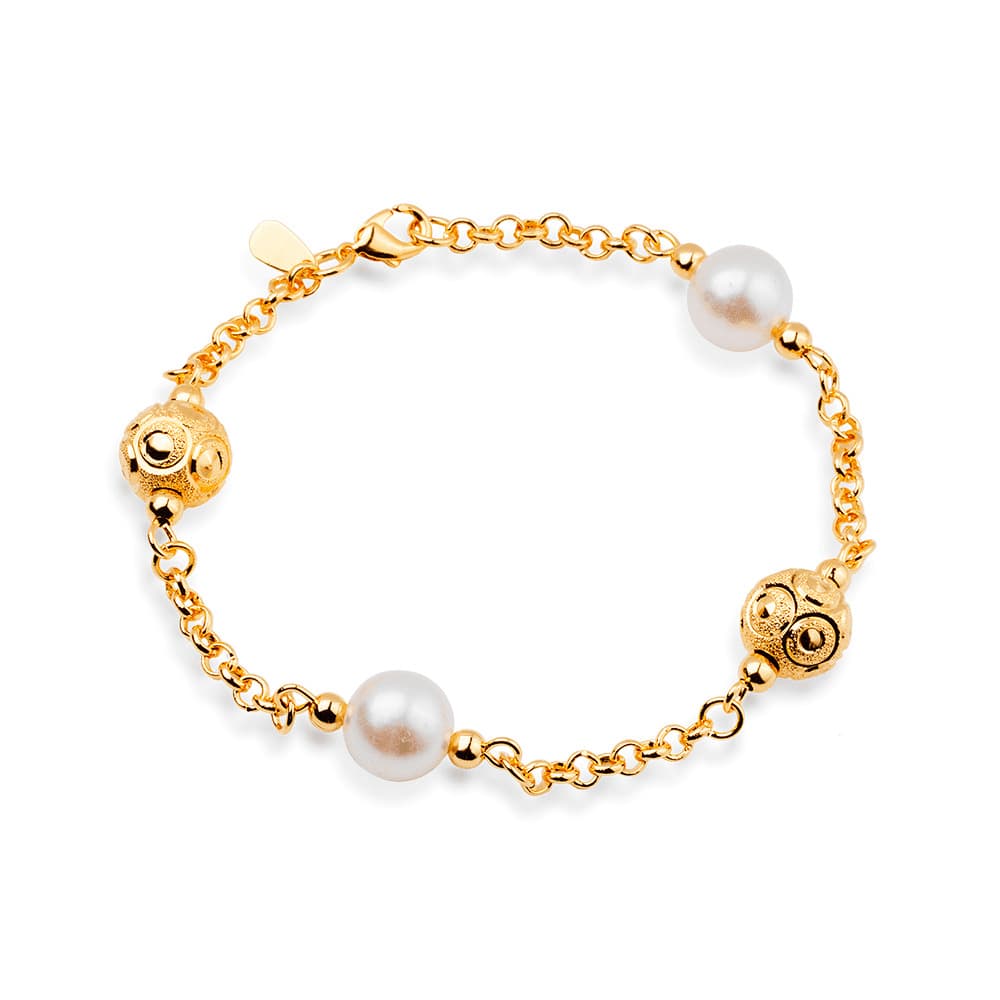 Pulseira Dourada Elo Português com Pérolas e Esferas Vazadas - Banho de Ouro 24k para revenda | Hub Joias