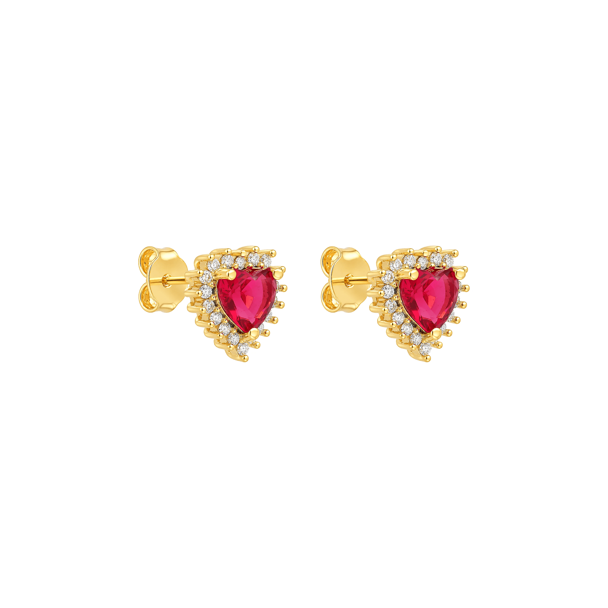 Brinco Dourado de Coração Vermelho Cravejado Zircônia