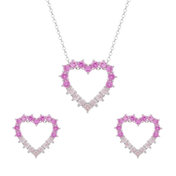 Conjunto Prateado de Coração Vazado Cravejado de Zircônia Rosa Dois Tons